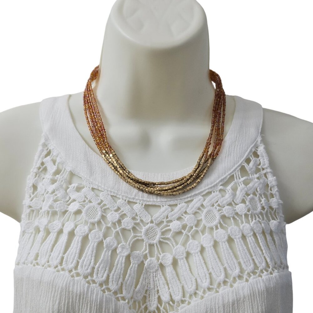 Lia Sophia Multi Strand Gold Tone and Amber Orange Beaded Necklace